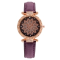 Montre femme luxe à bracelet violet, cadran floral or rose serti de strass brillants - Violet