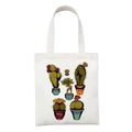 White canvas tote bag featuring six colorful potted cactus illustrations on the front - Potted Cactus Style (STD27-A)