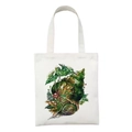 White canvas tote bag featuring an artistic nature-themed shell and mushroom illustration - Moss Fern Conch Style (STD27-E)