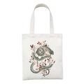 White canvas tote bag featuring an artistic green snake and cherry blossom floral print - Green Snake and Cherry Blossom Art Style (STD27-J)