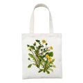 White canvas tote bag featuring green tree frog and yellow dandelion floral print - Green Tree Frog and Dandelion Illustration Style (STD27-S)