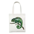 White canvas tote bag with colorful chameleon print and sturdy cotton shoulder straps - Realistic Chameleon and Dead Wood Style (STD27-Q)