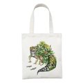 White canvas tote bag featuring artistic gecko, frog and aquatic wildlife illustration - Gecko and Flower Ecology Illustration Style (STD27-W)