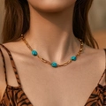 Golden paperclip chain necklace featuring three irregular turquoise stones for an OL style - 18K Gold