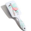 Square hairbrush featuring cartoon flamingo and palm tree patterns on a white cushion base - Flamingo