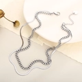 Detail of silver double-layered snake and curb chain necklace on a decorative display - Steel Color (KN236053-Z)