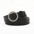 Minimalist black leather belt for women with a round silver buckle on white background - Round Buckle / Black