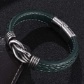 Pulsera punk para hombre de cuero trenzado verde oscuro con cierre magnético de acero - Circunferencia Interior 165mm / Cuero Verde [Color Acero]