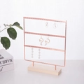 Three-tier rose gold metal earring organizer with a rectangular pine wood base - Rose Gold 66 Holes