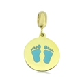 Detail of 18k gold heart pendant featuring a blue enamel baby footprint for DIY jewelry - Blue Footprints (NO.4)