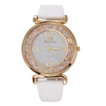 Women's quartz watch with gold crystal bezel and white glitter leather strap - White