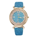Orologio al quarzo da donna con glitter blu, cassa in metallo dorato e quadrante con strass - Azzurro
