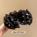 Large black organza bow hair claw clip with elegant pearl edges, size 19x12cm - Elegant Black Mesh Pearl Claw Clip 13cm