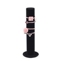 Pink and grey velvet hair tie set with beads and pom-poms on a black vertical display stand - Flannelette / Black Velvet Column Stand