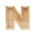 Spardose aus Holz in N-Form mit transparenter Acrylplatte und sichtbaren Schrauben - Buchstabe N