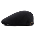 Men's vintage black plaid ivy cap in cotton linen fabric with bronze metal buckle - Black Side Adjustable