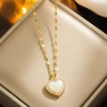 Elegant gold titanium heart necklace with mother of pearl and crystal inlay in box - Gold (8962)