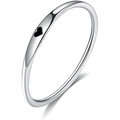 Macro detail of slim stainless steel ring featuring a black enamel heart decoration - US 5 / Silver