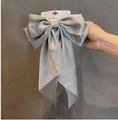 Silver grey satin bow hair clip with elegant long ribbons and high glossy silk texture - Spring Clips / Gray