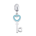 Macro view of silver heart key pendant with blue enamel inlay and stainless steel ring - Heart Key Blue