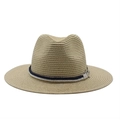 Detailed view of natural straw fedora with blue and white braided rope band and silver buckle - M (56-58cm) / Beige