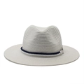 Classic white woven fedora sun hat with a navy braided rope band and a wide brim for outdoors - M (56-58cm) / White