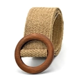 Cintura elastica intrecciata da donna con fibbia rotonda in legno stile minimalista - Fibbia Rotonda / Cachi