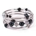 Multi-layer wrap bracelet featuring natural black stones and silver-tone patterned charms - Black Obsidian