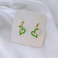 Detail of floral heart drop earrings with green enamel outline and gold finish charms - Heart Tulip Earrings