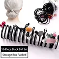 16-piece black elastic hair tie set with pearls and cute charms in a storage box - 7# Ball Black 16-piece Set