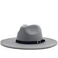Classic grey wool wide brim fedora hat with black leather band and silver buckle - M (56-58cm) / Light Gray