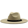 Classic beige wide brim wool fedora hat with black leather band and silver buckle accessory - M (56-58cm) / Beige