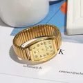 Classic gold rectangular quartz watch with elastic stretch metal band for women - Men's Gold Dial / Gold