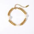 Golden titanium steel chain bracelet featuring three white pearls and S.steel hallmark - Thick Chain with 3 Pearls Style (YYB023054)