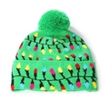 Green knit Christmas beanie with colorful LED bulb patterns and a top pom-pom detail - One Size / Christmas Light String
