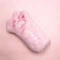Close-up of pink plush cat paw pencil case with embroidered white YEAH lettering - Pink