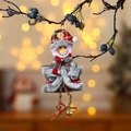 Plush snowman Christmas ornament with tartan hat, dangling legs and golden bells - Long Leg Snowman