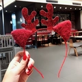 Sparkly red Christmas reindeer antler headband with plush cat ears for festive decoration - Cat Ears Red