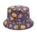 Detailed view of Halloween bucket hat with pumpkin, bat, and mushroom printed pattern - M (56-58cm) / Style 2 (Dark Magic Pumpkin/Bat/Rune)