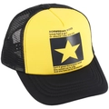 Yellow and black mesh trucker cap with pentagram print and Norwegian Wood text - Adjustable / Yellow