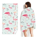 Quick-dry microfiber beach towel with flamingo and palm tree print in light cyan - Palm Flamingo (Single-sided Print with PE Bag)