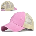 Roze gewassen katoenen paardenstaartpet met beige mesh en gekruiste elastische banden - Roze