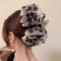 Large black bubble gauze bow hair claw clip with white ribbon and pearl accents - 3D Flower Bubble Claw Black