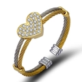 Three-row cable heart bracelet in gold and silver finish with sparkling rhinestones - Silver Heart-Two Tone Cable / Silver/Gold