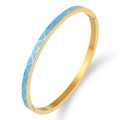 Polished gold stainless steel bangle with sky blue enamel geometric triangle patterns - Gold Blue