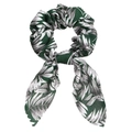Green palm leaf pattern scrunchie with rabbit ear ties for women in tropical style - Style 12 (Green Base White Leaves)