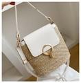 Minimalist straw beach bucket bag with white leather trim and gold round buckle - White