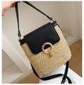 Handcrafted straw bucket bag with black leather flap and golden ring buckle detail - Black