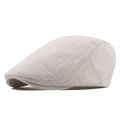 Classic beige cotton linen flat cap with cross-weave textured grid pattern - Beige Back Adjustable