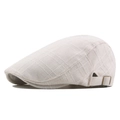 Beige cotton linen beret for men with textured grid pattern and side buckle - Beige Side Adjustable
